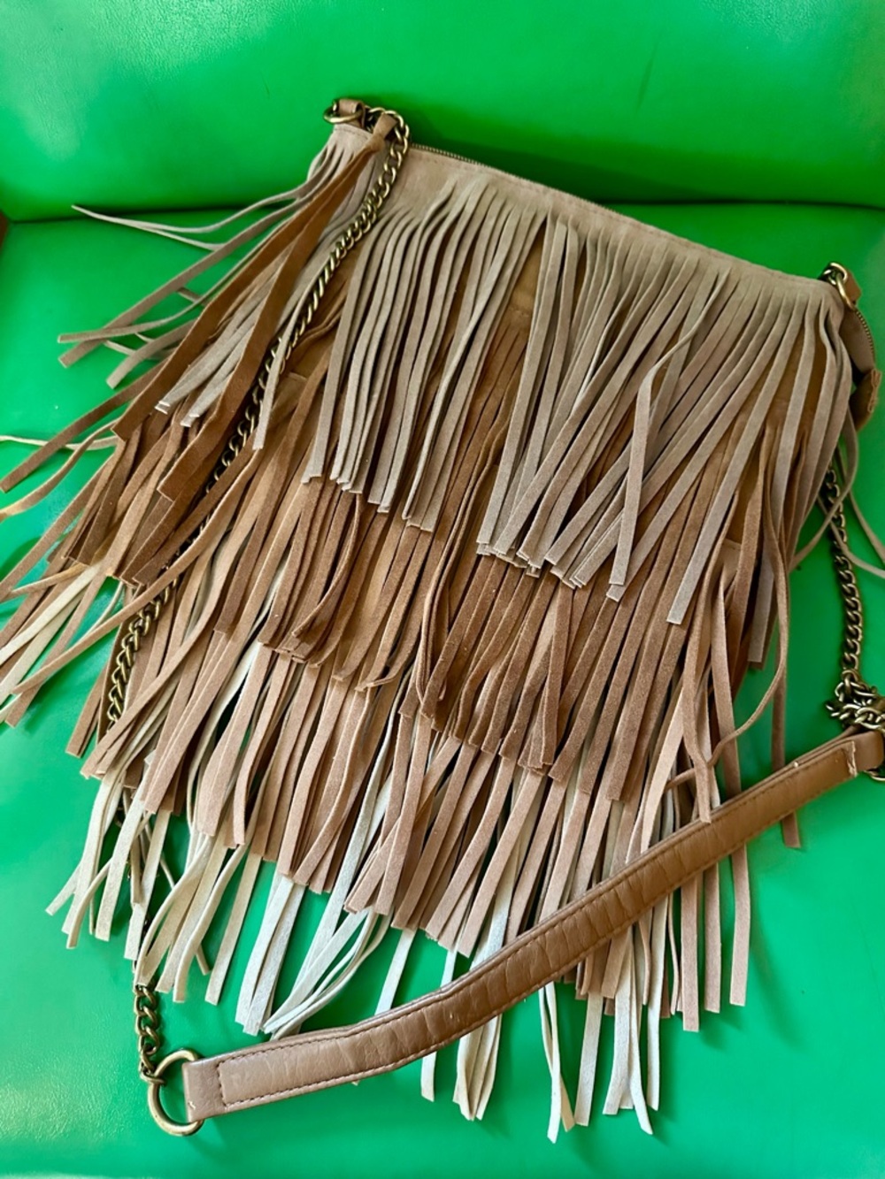 T-Shirt & Jeans Layered Fringe Crossbody Bag in Taupe and Light Brown
